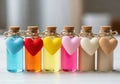 Assorted colored liquids in glass bottles with heart-shaped objects and cork stoppers Royalty Free Stock Photo
