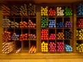 Assorted colored pencils and crayons on an art shop shelf Royalty Free Stock Photo