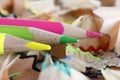 Assorted colored pencils and sharpening shavings Royalty Free Stock Photo