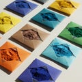 Assorted colored powders are neatly arranged in small paper packets with Royalty Free Stock Photo