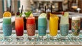 Assorted Colorful Cocktails in Patterned Glasses on Bar Royalty Free Stock Photo