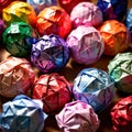 Assorted colorful crumpled paper balls, showing diverse discarded ideas