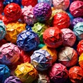 Assorted colorful crumpled paper balls, showing diverse discarded ideas