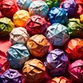 Assorted colorful crumpled paper balls, showing diverse discarded ideas