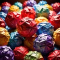 Assorted colorful crumpled paper balls, showing diverse discarded ideas