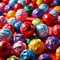 Assorted colorful crumpled paper balls, showing diverse discarded ideas