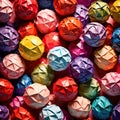 Assorted colorful crumpled paper balls, showing diverse discarded ideas