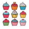 Assorted colorful cupcakes handdrawn illustration, topped icing decorations such hearts sprinkles