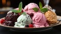 Assorted Colorful Delicious Ice Creams on a Plate Selective Focus Background