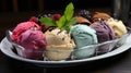 Assorted Colorful Delicious Ice Creams on a Plate Selective Focus Background