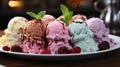 Assorted Colorful Delicious Ice Creams on a Plate Selective Focus Background