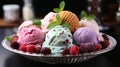 Assorted Colorful Delicious Ice Creams on a Plate Selective Focus Background