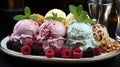 Assorted Colorful Delicious Ice Creams on a Plate Selective Focus Background