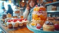 Assorted colorful Eastern desserts at a cafe counter. Concept of dessert variety, cafe treats, confectionery display Royalty Free Stock Photo