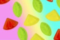 Assorted colorful fruit  jelly candy on rainbow Royalty Free Stock Photo