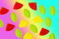 Assorted colorful fruit jelly candy on rainbow Royalty Free Stock Photo