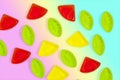 Assorted colorful fruit  jelly candy on rainbow Royalty Free Stock Photo