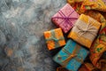 Assorted Colorful Gift Boxes on Textured Background, Celebration Concept Royalty Free Stock Photo