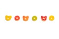 Assorted colorful gummy candies. Top view. Jelly donuts. Jelly bears. Isolated on a white background Royalty Free Stock Photo