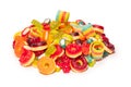 Assorted colorful gummy candies. Top view. Jelly donuts. Jelly bears. Isolated on a white background Royalty Free Stock Photo