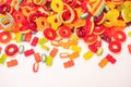 Assorted colorful gummy candies. Top view. Jelly donuts. Jelly bears. Isolated on a white background Royalty Free Stock Photo