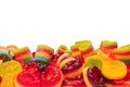 Assorted colorful gummy candies. Top view. Jelly donuts. Jelly bears. Isolated on a white background Royalty Free Stock Photo