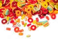 Assorted colorful gummy candies. Top view. Jelly donuts. Jelly bears. Isolated on a white background Royalty Free Stock Photo