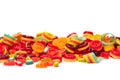 Assorted colorful gummy candies. Top view. Jelly donuts. Jelly bears. Isolated on a white background Royalty Free Stock Photo