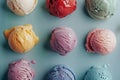 Assorted colorful ice cream scoops including vanilla, strawberry, pistachio, and blueberry on blue background with Royalty Free Stock Photo