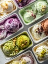 Assorted colorful ice cream scoops in rectangular bowls showcasing a variety of flavors and toppings Royalty Free Stock Photo