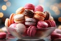 Assorted colorful macarons in a glass bowl