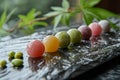 Assorted colorful mochi on a wet stone surface with green leaves in the background