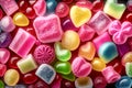 Assorted colorful, mostly pink gummy candies. Jelly sweets. Generative AI