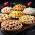 Assorted colorful pies with elaborate decorations on a wooden surface