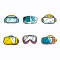 Assorted colorful ski goggles varieties laid out white background. Handdrawn ski masks design