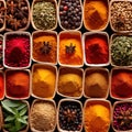 Assorted colorful spices and herbs, cookin ingredients in organized grid row, white background