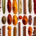 Assorted colorful spices and herbs, cookin ingredients in organized grid row, white background