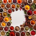 Assorted colorful spices and herbs, cookin ingredients in organized grid row, white background