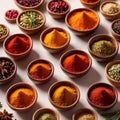 Assorted colorful spices and herbs, cookin ingredients in organized grid row, white background