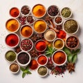 Assorted colorful spices and herbs, cookin ingredients in organized grid row, white background