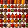 Assorted colorful spices and herbs, cookin ingredients in organized grid row, white background