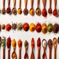 Assorted colorful spices and herbs, cookin ingredients in organized grid row, white background