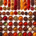 Assorted colorful spices and herbs, cookin ingredients in organized grid row, white background