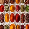 Assorted colorful spices and herbs, cookin ingredients in organized grid row, white background