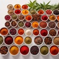 Assorted colorful spices and herbs, cookin ingredients in organized grid row, white background