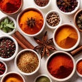 Assorted colorful spices and herbs, cookin ingredients in organized grid row, white background