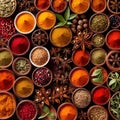 Assorted colorful spices and herbs, cookin ingredients in organized grid row, white background