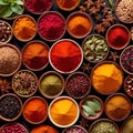 Assorted colorful spices and herbs, cookin ingredients in organized grid row, white background