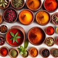 Assorted colorful spices and herbs, cookin ingredients in organized grid row, white background