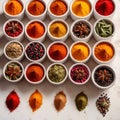 Assorted colorful spices and herbs, cookin ingredients in organized grid row, white background